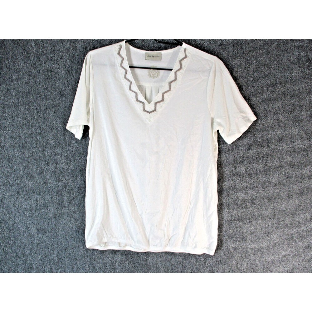 VIA APPIA DUE Shirt Women Small White Short Sleeve Embroider V Neck Career Woven